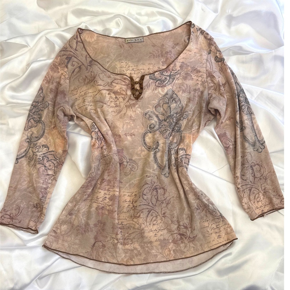 Xcit USA Vintage Y2K Fairycore Grunge Scroll Print Rhinestone Top Brown Large
